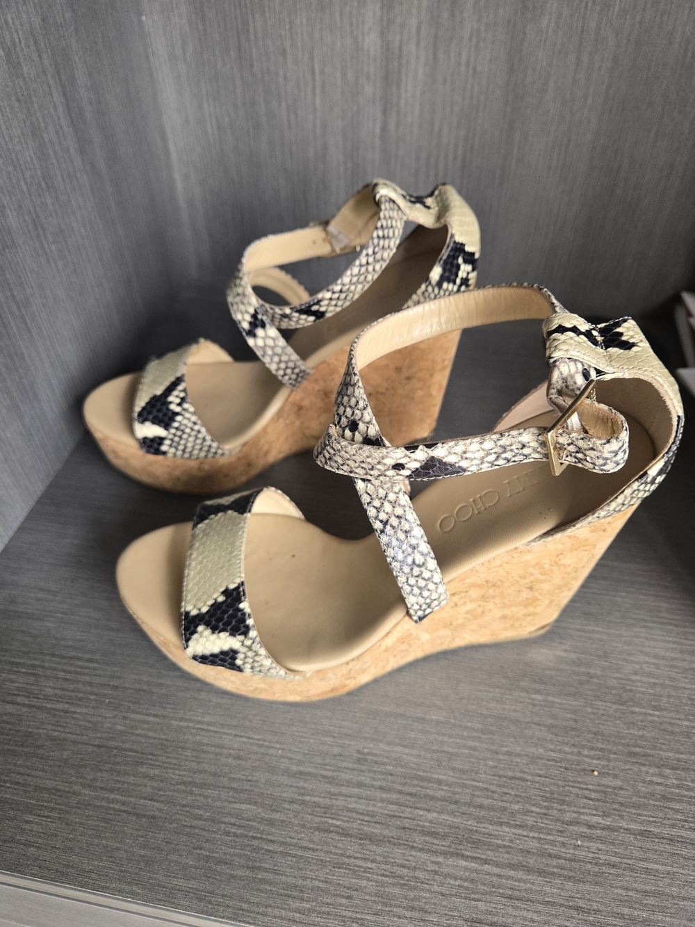 Jimmy Choo Snake-Print Cork Wedge Sandals in Black and Cream